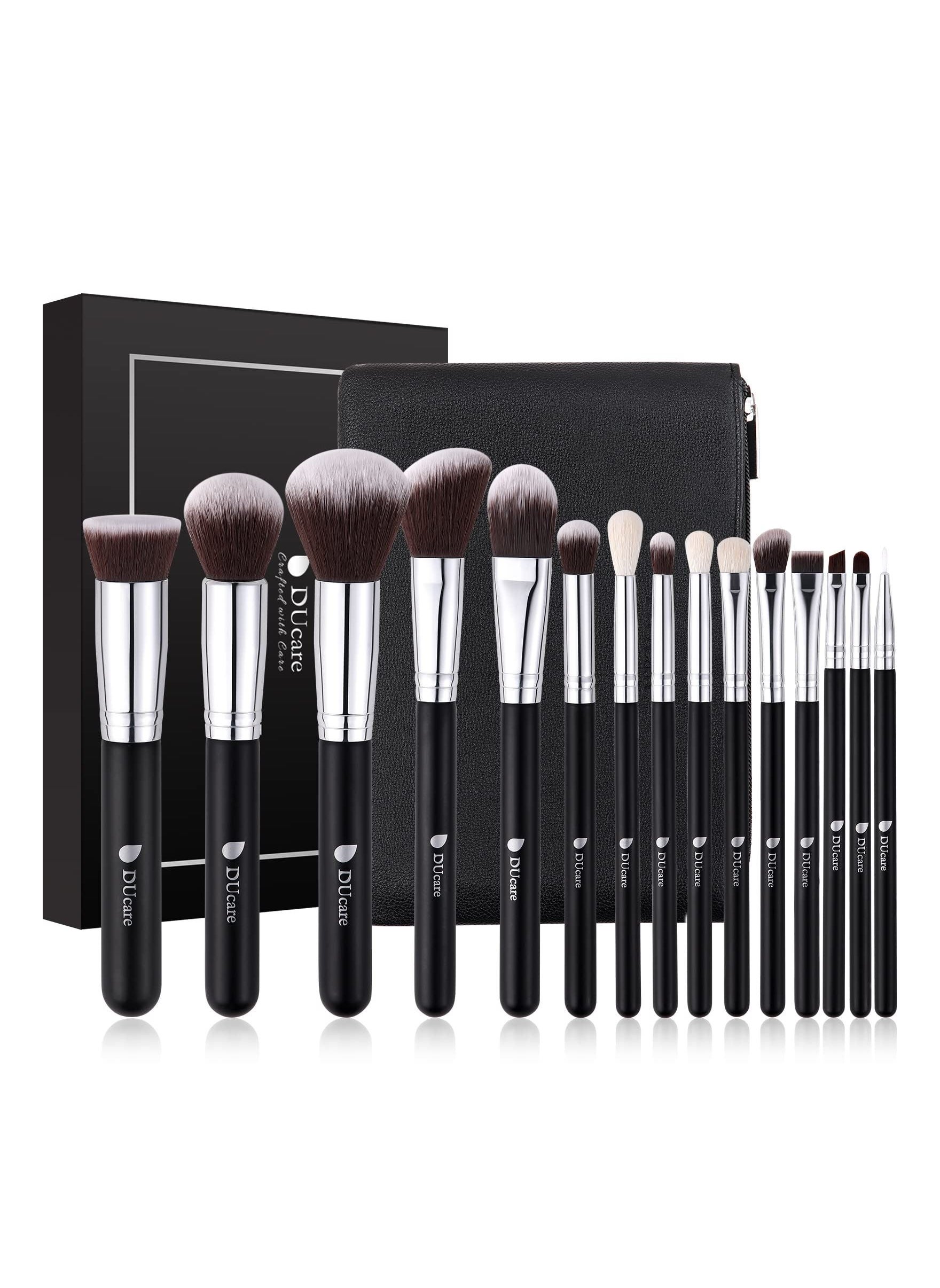 Makeup Brushes set with Bag 15Pcs Travel Kabuki Foundation Blending Blush Eyeliner Shadow Brow Concealer Brushes Kit Black 