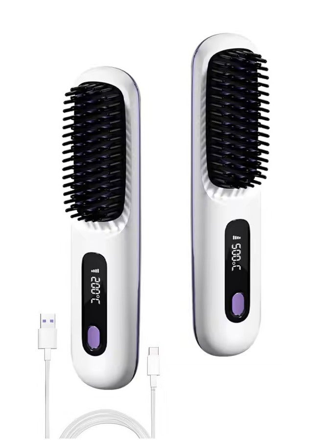 Wireless Hair Straightener Brush, Portable Mini Ceramic Ionic Straightening Comb and curler 2 in 1, Thermal Brush 20s Fast Heating  3 Temp Settings  Anti-Scald - Image 1