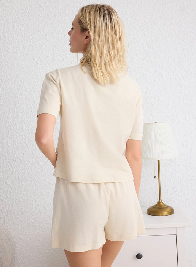 trendyol Beige % Cotton Teddy Bear and Slogan Knitted Pajama Set with Shorts - Image 4