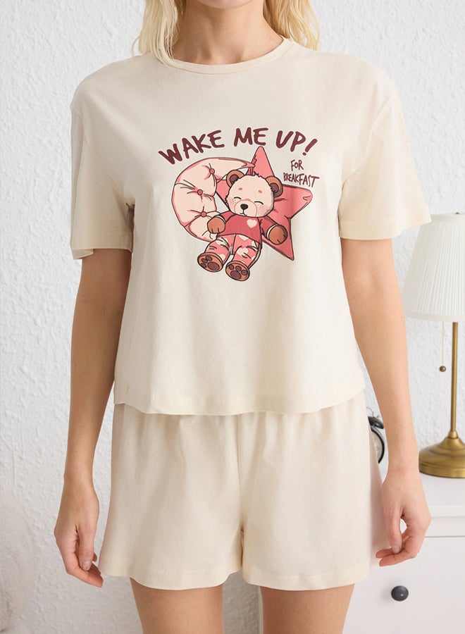 trendyol Beige % Cotton Teddy Bear and Slogan Knitted Pajama Set with Shorts - Image 3