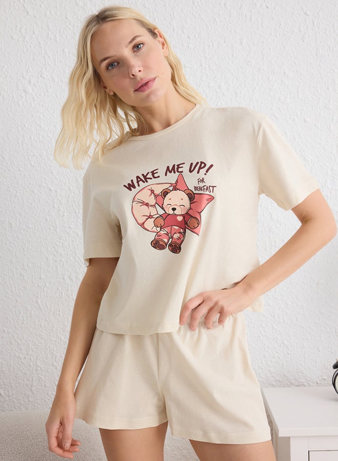 trendyol Beige % Cotton Teddy Bear and Slogan Knitted Pajama Set with Shorts - Image 1