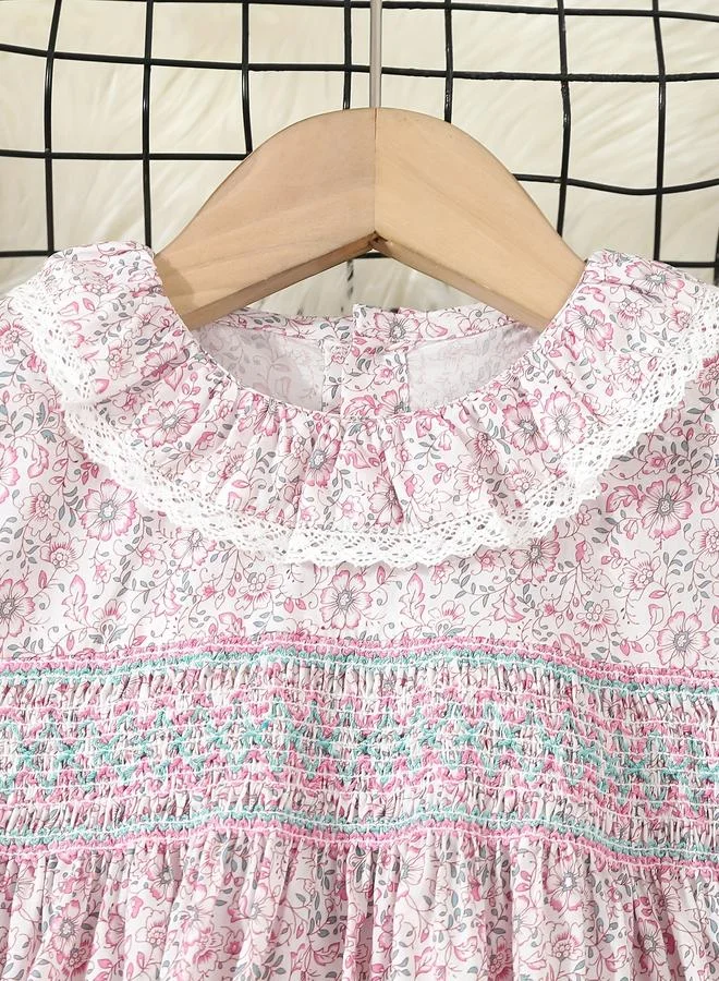 تايك تو Take Two Girls Pink Floral Print Cotton Smocked Detail Dress