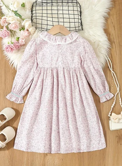 Take Two Girls Pink Floral Print Cotton Smocked Detail Dress
