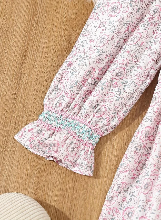 Take Two Take Two Girls Pink Floral Print Cotton Smocked Detail Dress