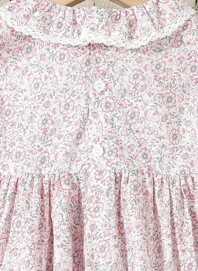 Take Two Take Two Girls Pink Floral Print Cotton Smocked Detail Dress