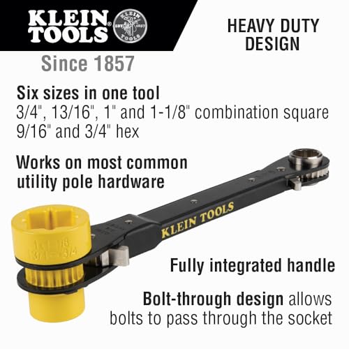 KLEIN TOOLS KT155HD HeavyDuty 6In1 Linemans Ratcheting Wrench with Bolt Through Design and Bright Yellow Socket - Image 3