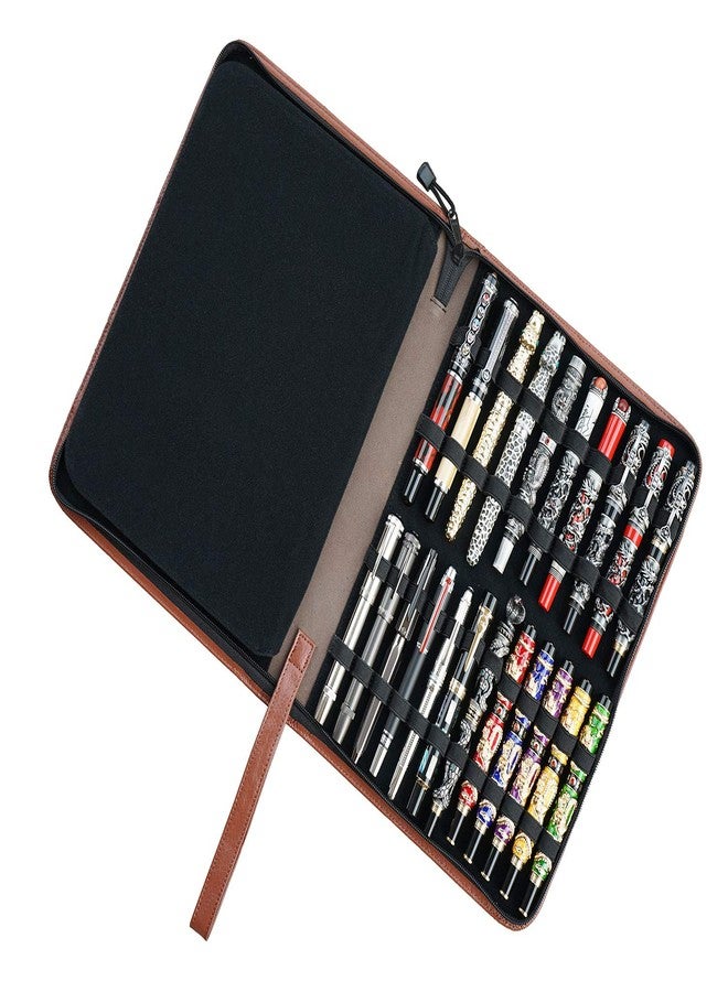 erofa Real Leather Pen Case for Fountain Pen/Rollerball Pen, Genuine Cowhide Holder Pouch Bag for 46 Pens, Fit in Various Size Large Capacity Office Business Gift - Brown - Image 2