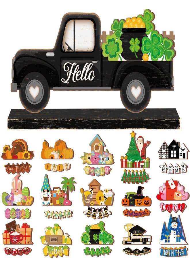 Anglechic 34 Pcs Valentines Day Interchangeable Truck Seasonal Sign Holiday Tier Tray Decor Set Farmhouse Rustic Wooden Welcome Ornaments Home Gifts - Image 1