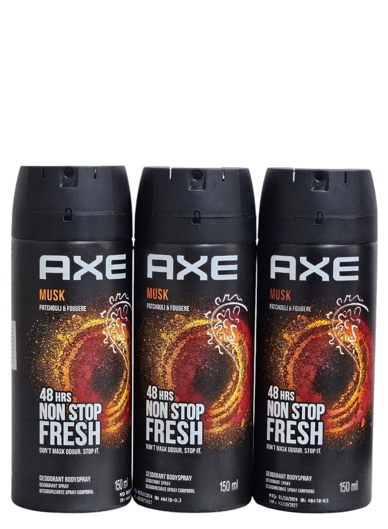 Axe Deodorant spray X with musk and patchouli scent 150ml. 3 bottles.