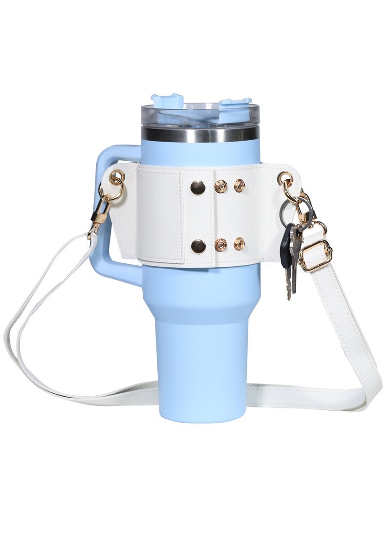 PU Leather Water Bottle Holder Water Bottle Sleeve With Adjustable Shoulder Strap For Stanley 30oz 40oz Cup (White)  - Image 1