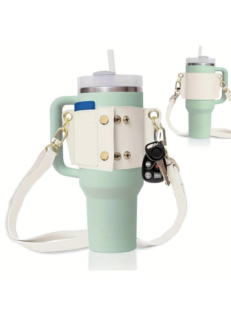 PU Leather Water Bottle Holder Water Bottle Sleeve With Adjustable Shoulder Strap For Stanley 30oz 40oz Cup (White)  - Image 2