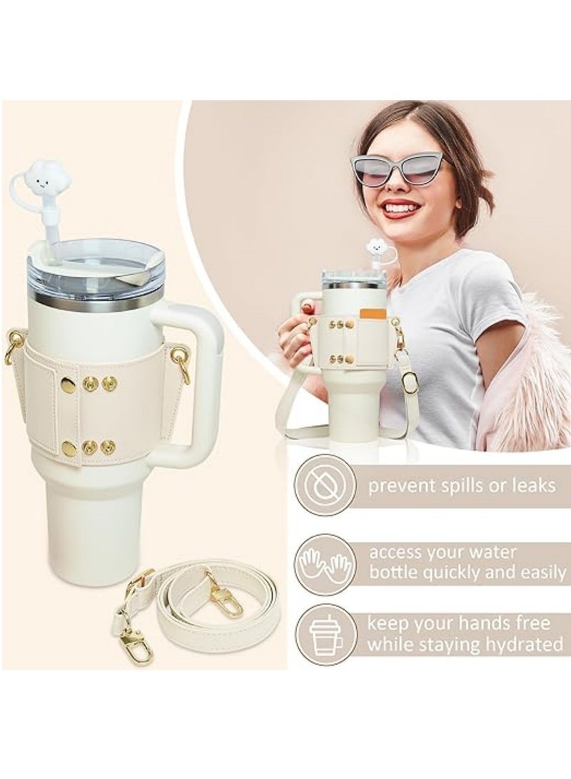 PU Leather Water Bottle Holder Water Bottle Sleeve With Adjustable Shoulder Strap For Stanley 30oz 40oz Cup (White)  - Image 5
