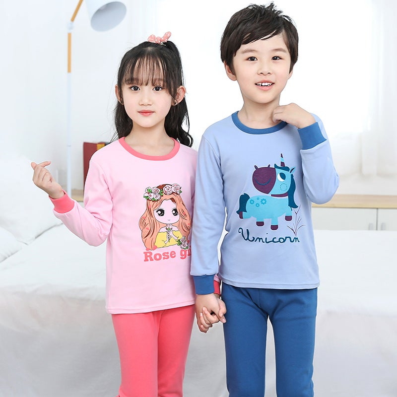 Children'S Round Neck Autumn Clothes And Pants Pajamas Suit Children'S Inner Wear Korean Base Shirt Middle Collar Home Clothes - Image 3