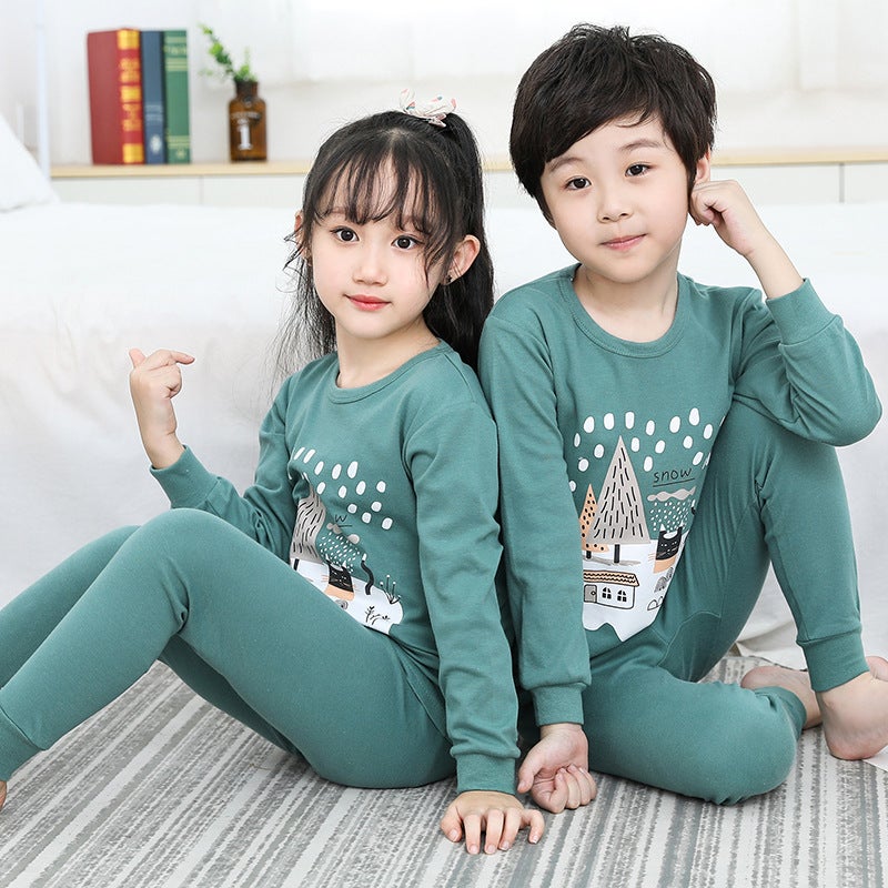 Children'S Round Neck Autumn Clothes And Pants Pajamas Suit Children'S Inner Wear Korean Base Shirt Middle Collar Home Clothes - Image 4