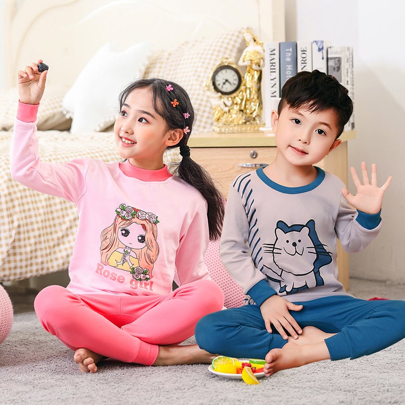 Children'S Round Neck Autumn Clothes And Pants Pajamas Suit Children'S Inner Wear Korean Base Shirt Middle Collar Home Clothes - Image 2