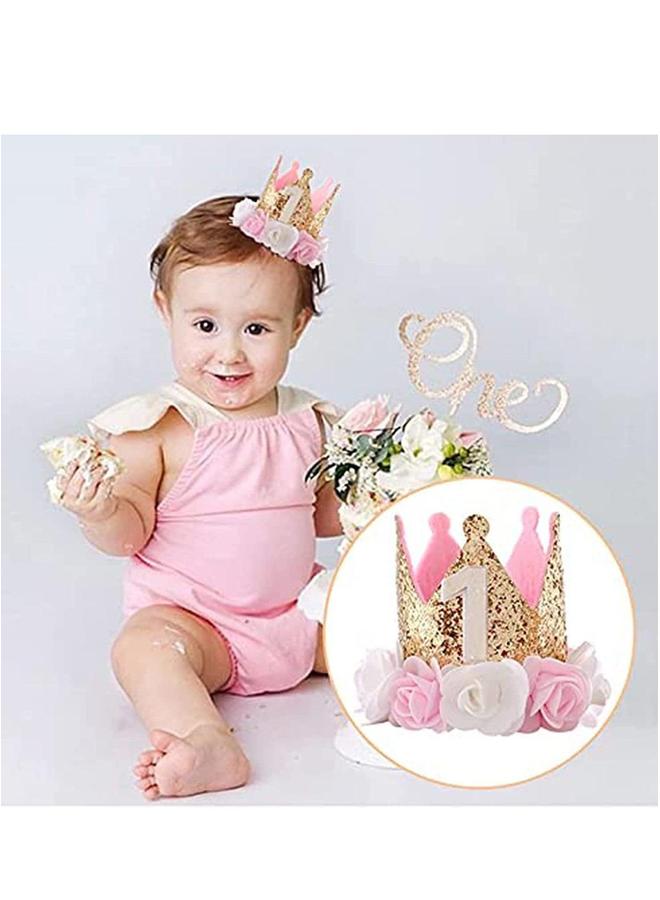 Baby Girl 1 Birthday Crown for Baby, Hat Decorations First Gifts Rose Gold Pink Party One Year Old Princess Handmade Cap Girls Boys - Image 1