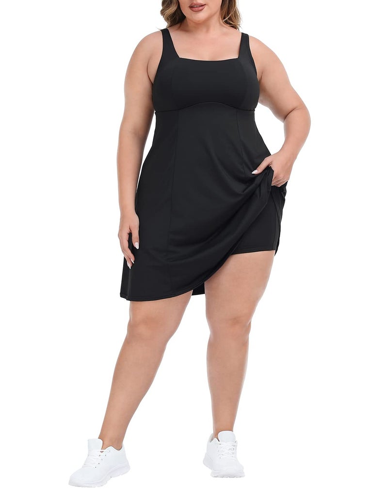 HDE Womens Plus Size Tennis Athletic Workout Dress with Built-in Shorts & Bra Black - 16 - Image 1