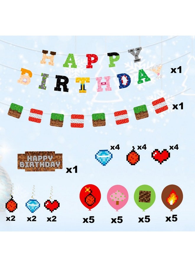 SAVITA Birthday Decorations, Miner Happy Birthday Banner Balloons Hanging Swirl Cupcake & Cake Toppers & Bunting for Kids Boys Game Themed Party Celebration Supplies - Image 3