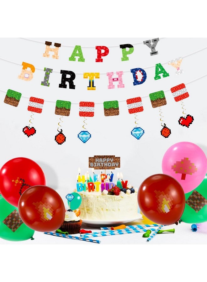 SAVITA Birthday Decorations, Miner Happy Birthday Banner Balloons Hanging Swirl Cupcake & Cake Toppers & Bunting for Kids Boys Game Themed Party Celebration Supplies - Image 5