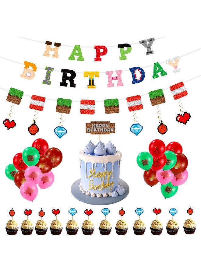 SAVITA Birthday Decorations, Miner Happy Birthday Banner Balloons Hanging Swirl Cupcake & Cake Toppers & Bunting for Kids Boys Game Themed Party Celebration Supplies - Image 1