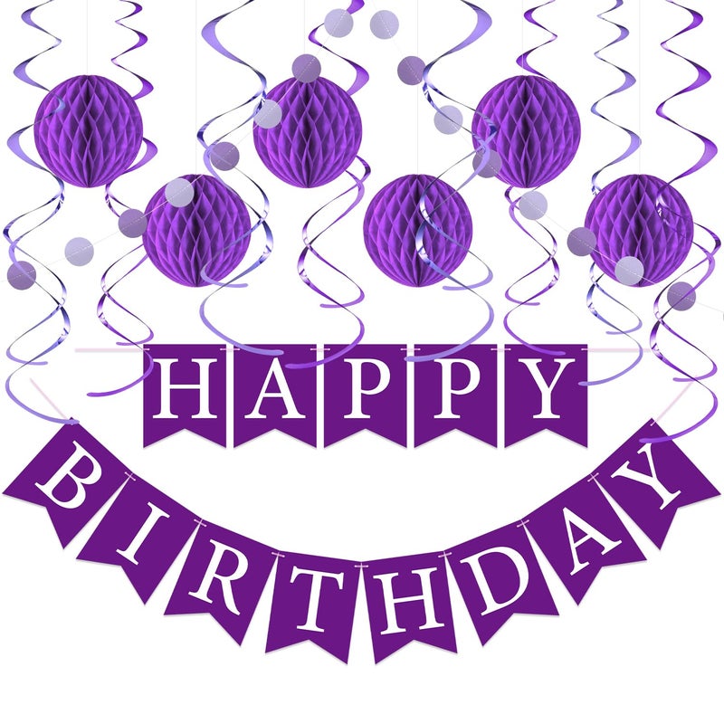 LITAUS Purple Birthday Decorations Kit 16Piece Set with PreStrung Happy Birthday Banner Honeycomb Balls Garland Swirls Purple Theme Party Supplies for Women Girls Kids Teens Adults - Image 2