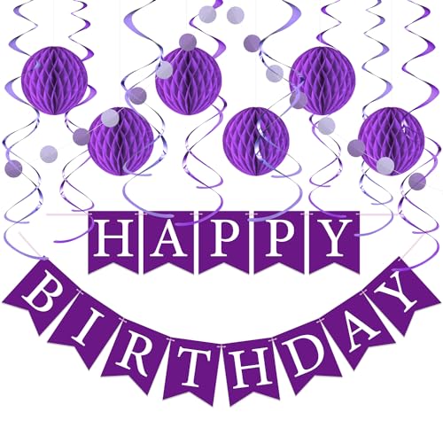 LITAUS Purple Birthday Decorations Kit 16Piece Set with PreStrung Happy Birthday Banner Honeycomb Balls Garland Swirls Purple Theme Party Supplies for Women Girls Kids Teens Adults - Image 1