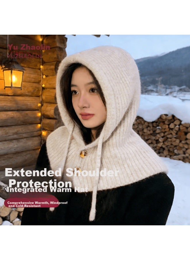 Yuzhaolin Winter Women's Warm Thickened Windproof Cold-proof Ear And Neck Protection Cycling Ears Integrated Hat Beige - Image 1