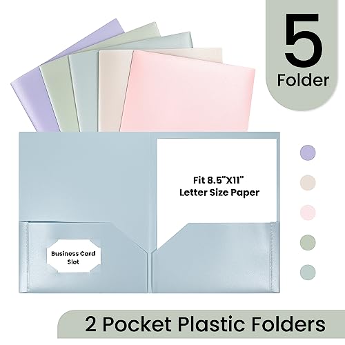 GNL Plastic Folders with Pockets, Pack of 5, Muted Pastel Colors, Heavy Duty 2 Pocket File Folders Letter Size, Pocket Folders for School, Home, and Office - Image 2