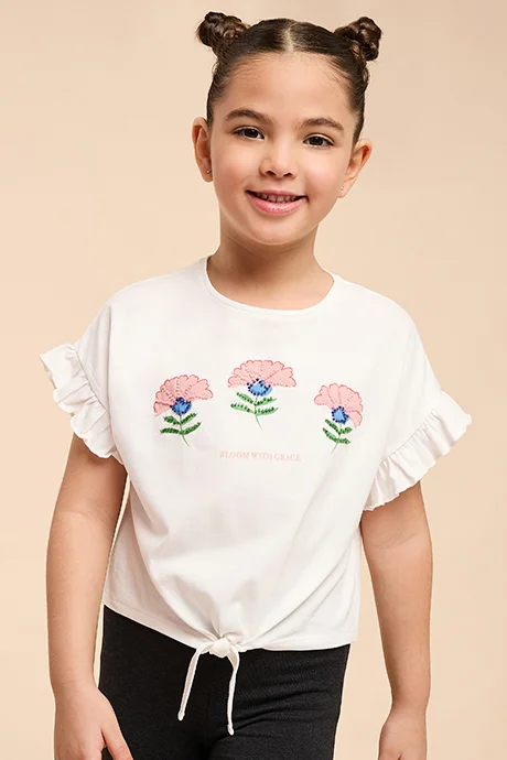 أر أند بي Embellished Top with Crew Neck and Flutter Sleeves