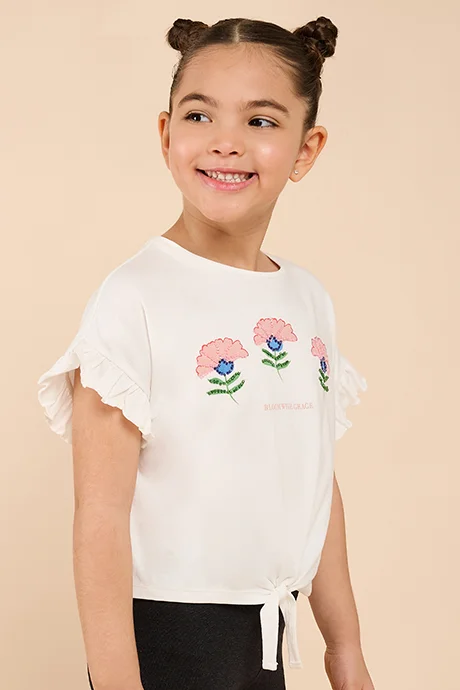 أر أند بي Embellished Top with Crew Neck and Flutter Sleeves