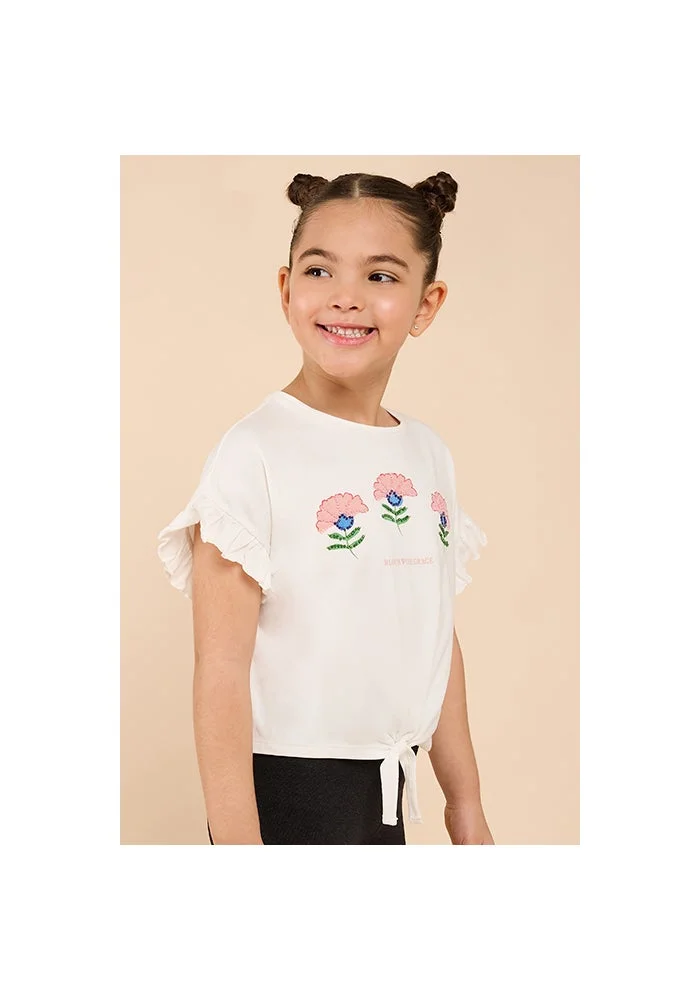 أر أند بي Embellished Top with Crew Neck and Flutter Sleeves