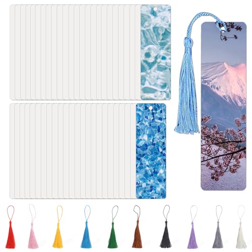 AceSubli 50 Pcs Metal Sublimation Bookmarks Double Sided, 6"x1.5" Sublimation Bookmark Blank Bulk Aluminum Sublimation Blanks DIY Bookmarks with Hole and Colorful Tassels for Crafts Gift 0.45mm Thick - Image 1