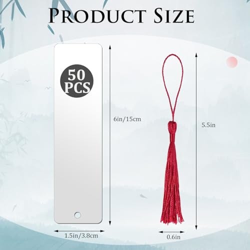 AceSubli 50 Pcs Metal Sublimation Bookmarks Double Sided, 6"x1.5" Sublimation Bookmark Blank Bulk Aluminum Sublimation Blanks DIY Bookmarks with Hole and Colorful Tassels for Crafts Gift 0.45mm Thick - Image 2