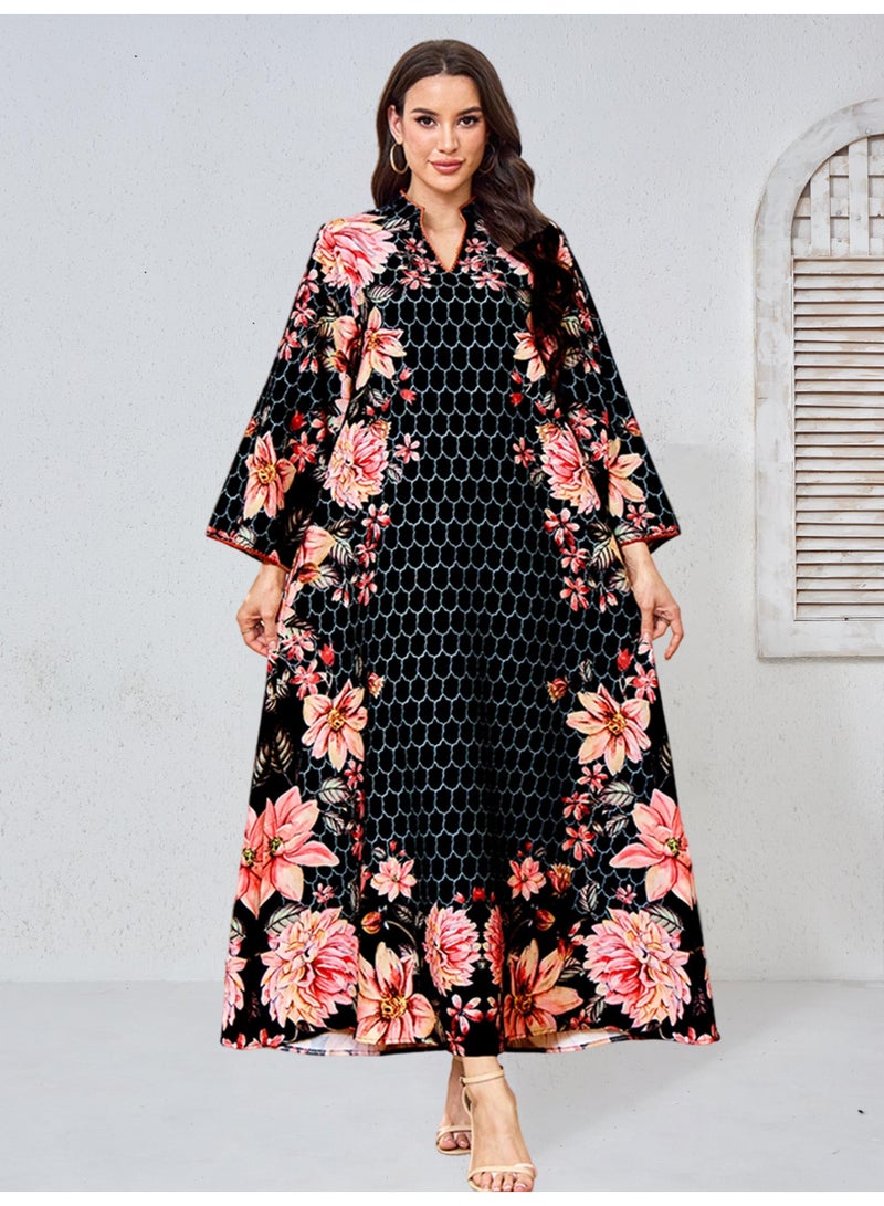 Kaiyuede Dubai Black Pink Floral Honeycomb Print Abaya | Mandarin Collar V-Neck Flare Sleeve Opaque Lined Modest Dress for Eid & Daily Wear - Image 2