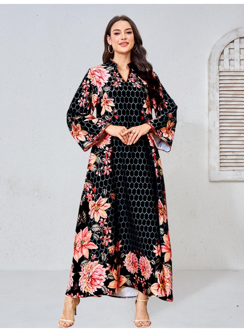 Kaiyuede Dubai Black Pink Floral Honeycomb Print Abaya | Mandarin Collar V-Neck Flare Sleeve Opaque Lined Modest Dress for Eid & Daily Wear - Image 1