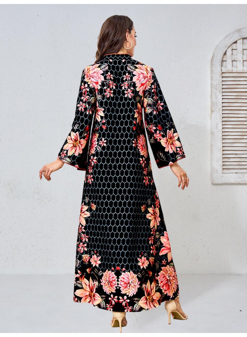 Kaiyuede Dubai Black Pink Floral Honeycomb Print Abaya | Mandarin Collar V-Neck Flare Sleeve Opaque Lined Modest Dress for Eid & Daily Wear - Image 3