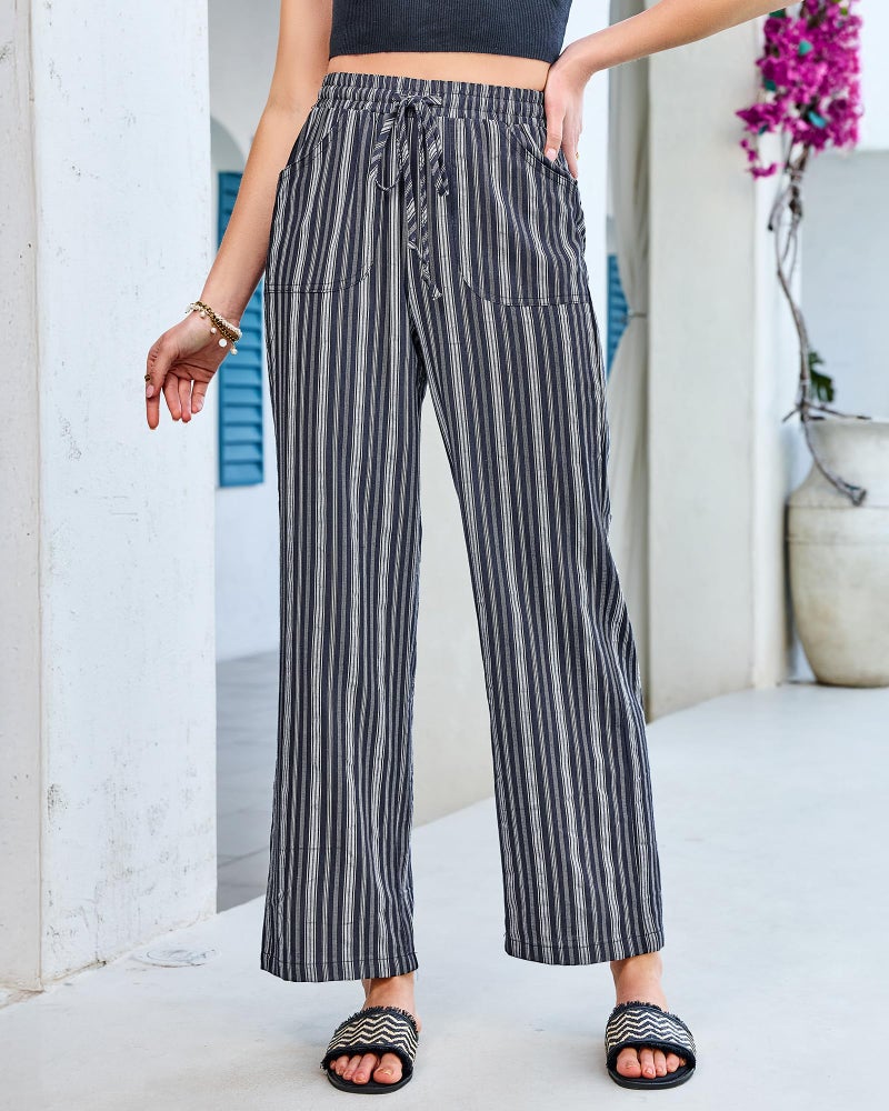 GRAPENT Wide Leg Pants Drawstring Women Womens Beach Pull On for Linen Blend Outfits Striped Cotton Linen Pants, Navy Blue Stripe, XL, US Size 16 to 18 - Image 2
