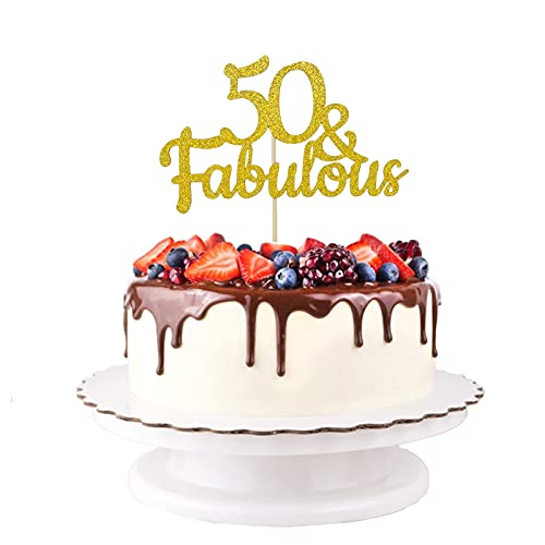 Festiko®50 & Fabulous Cake Topper 50 and Fabulous - Double-Sided Gold Glitter 50th Birthday Cake Topper, Fifty and Fabulous Cake Topper for Women Men Cake Decorations, with 6pcs 50 Cupcake Toppers - Image 2