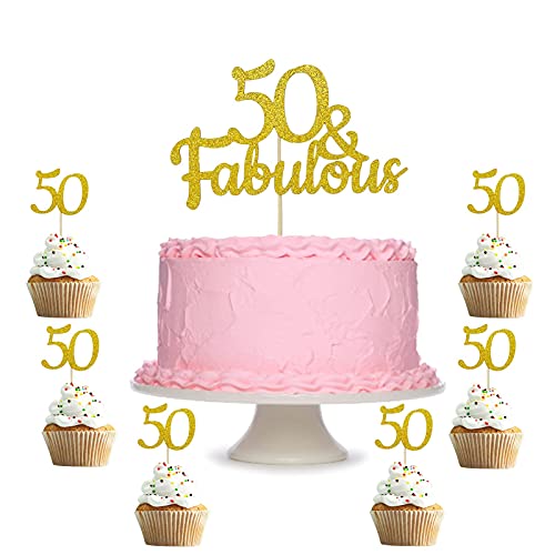 Festiko®50 & Fabulous Cake Topper 50 and Fabulous - Double-Sided Gold Glitter 50th Birthday Cake Topper, Fifty and Fabulous Cake Topper for Women Men Cake Decorations, with 6pcs 50 Cupcake Toppers - Image 1