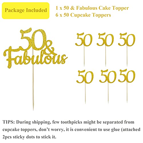 Festiko®50 & Fabulous Cake Topper 50 and Fabulous - Double-Sided Gold Glitter 50th Birthday Cake Topper, Fifty and Fabulous Cake Topper for Women Men Cake Decorations, with 6pcs 50 Cupcake Toppers - Image 4