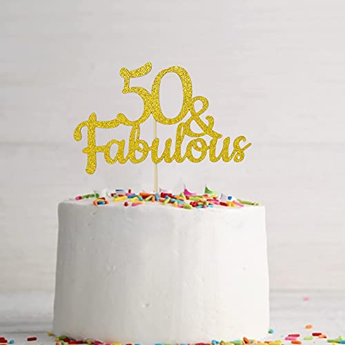 Festiko®50 & Fabulous Cake Topper 50 and Fabulous - Double-Sided Gold Glitter 50th Birthday Cake Topper, Fifty and Fabulous Cake Topper for Women Men Cake Decorations, with 6pcs 50 Cupcake Toppers - Image 5