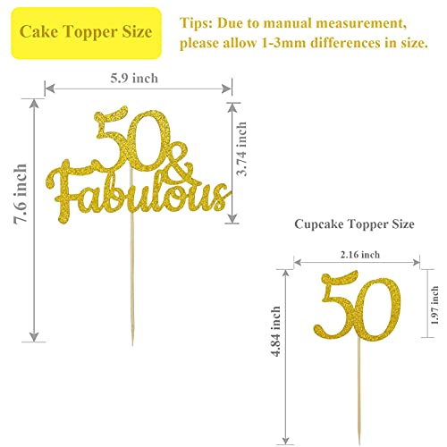 Festiko®50 & Fabulous Cake Topper 50 and Fabulous - Double-Sided Gold Glitter 50th Birthday Cake Topper, Fifty and Fabulous Cake Topper for Women Men Cake Decorations, with 6pcs 50 Cupcake Toppers - Image 3