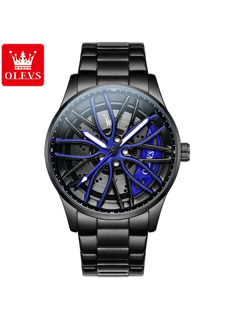 أوليفز ساعة رجالية أنيقة من OLEVS – سوار أسود فولاذي، قرص أزرق، مقاومة للماء