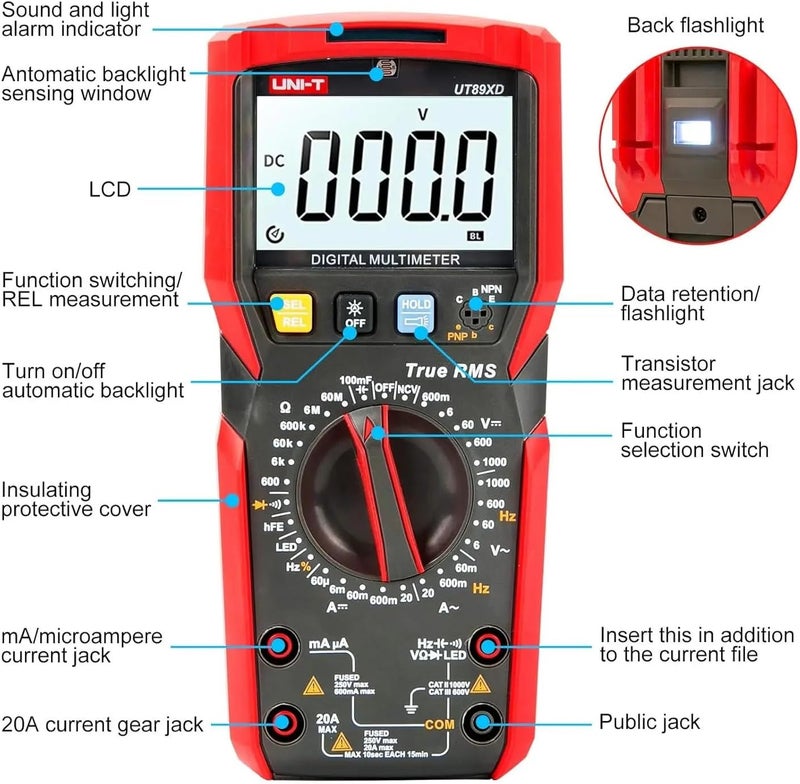 UNI-T UT89XD Professional Digital Multimeter - True RMS NCV 20A AC/DC Voltmeter, Capacitance & Resistance Tester - Image 4