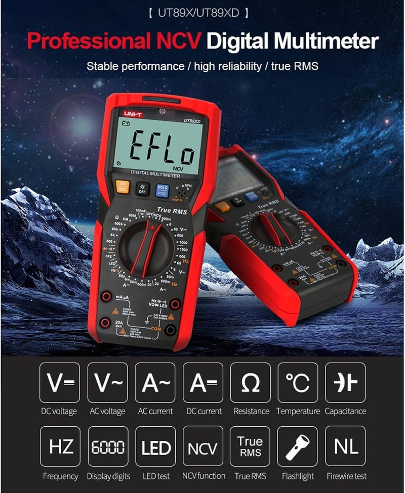 UNI-T UT89XD Professional Digital Multimeter - True RMS NCV 20A AC/DC Voltmeter, Capacitance & Resistance Tester - Image 2