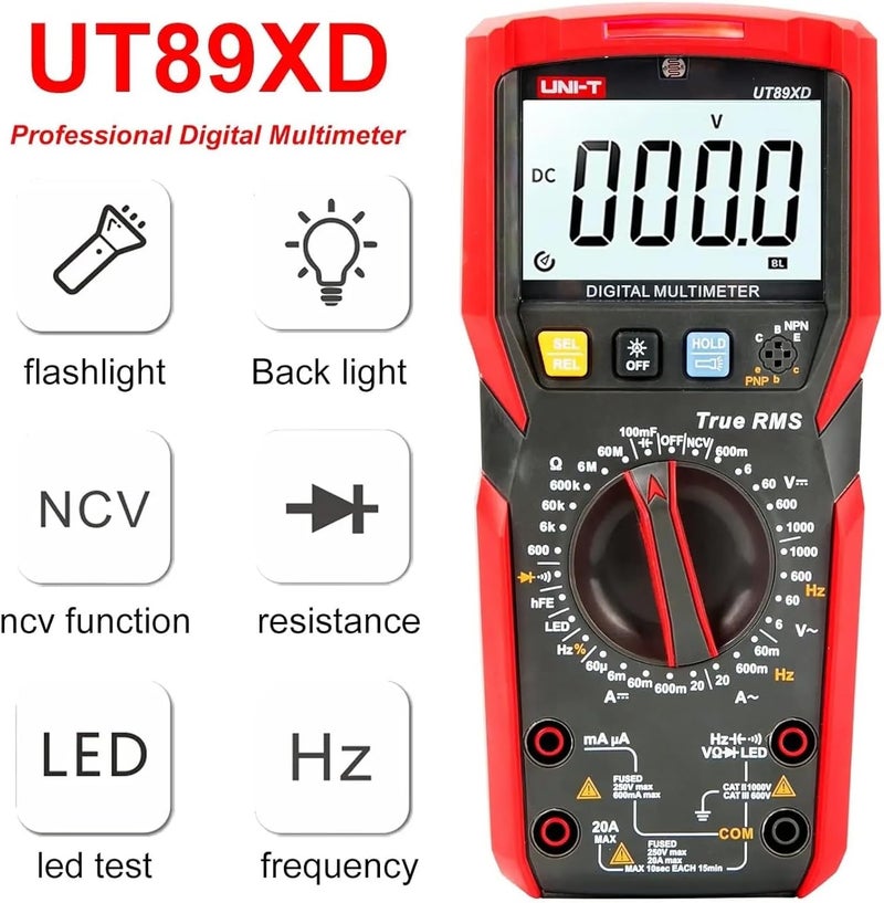 UNI-T UT89XD Professional Digital Multimeter - True RMS NCV 20A AC/DC Voltmeter, Capacitance & Resistance Tester - Image 3