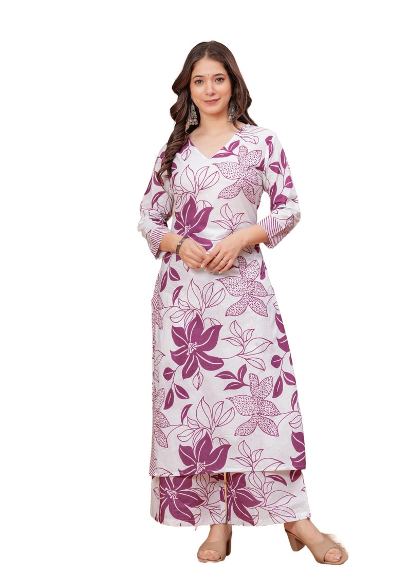MEERA FAB Women's Rayon Straight Printed Kurta with Pant Pink - Image 1