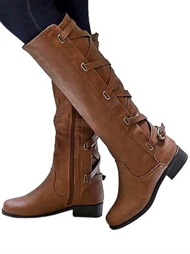 Syktkmx Womens Strappy Motorcycle Knee High Boots Winter Lace Up Riding Flat Low Heel Shoes Brown Size 65 - Image 3