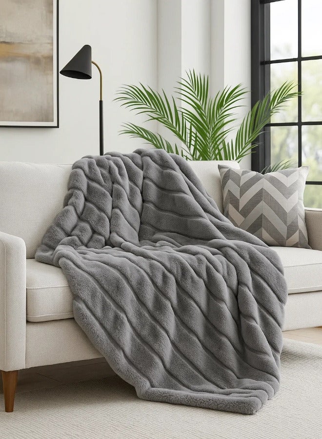 Ultra-Soft Faux Rabbit Fur Throw Blanket – Striped Lightweight Plush for Sofa, Bed & Home Décor – Gift-Ready Accent Throw  - Image 1