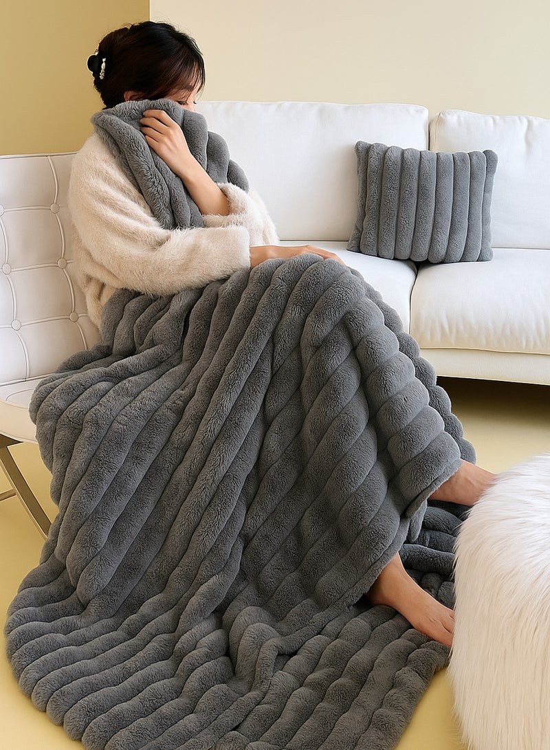Ultra-Soft Faux Rabbit Fur Throw Blanket – Striped Lightweight Plush for Sofa, Bed & Home Décor – Gift-Ready Accent Throw  - Image 2